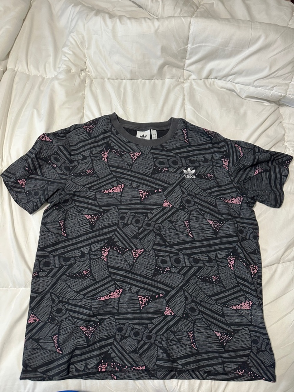 adidas Black Graphic Short-Sleeve Tee with Pink Accents